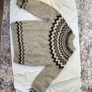 Men's Beige and Dark Brown Patterned Crewneck Sweater